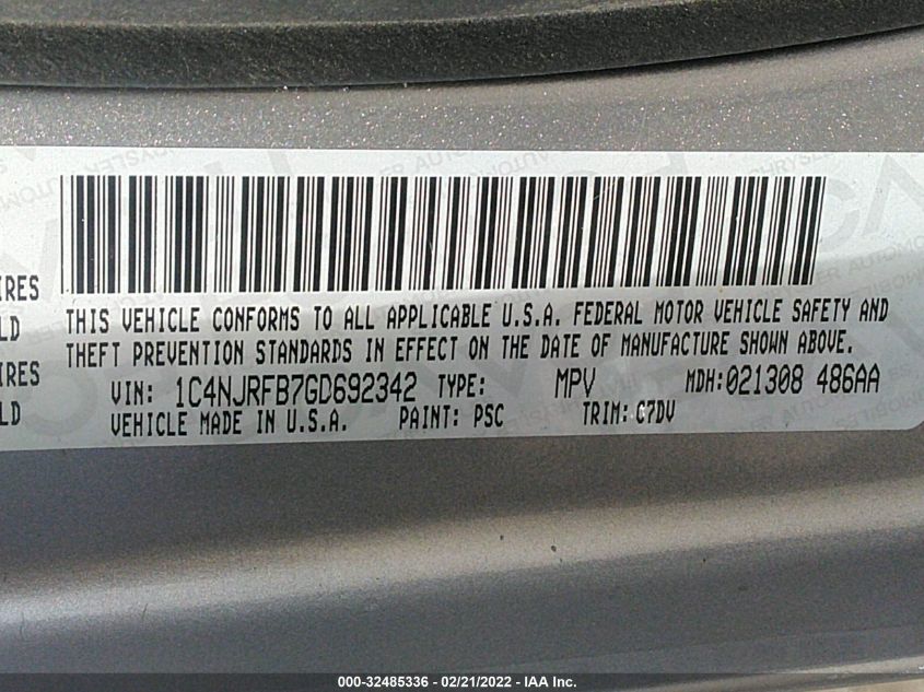 2016 JEEP PATRIOT LATITUDE 1C4NJRFB7GD692342