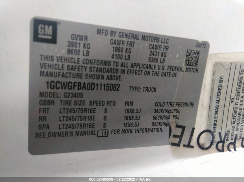 2013 CHEVROLET EXPRESS CARGO VAN 1GCWGFBA0D1115082