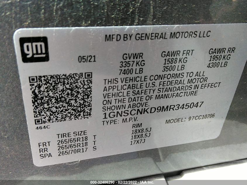 2021 CHEVROLET TAHOE LT 1GNSCNKD9MR345047