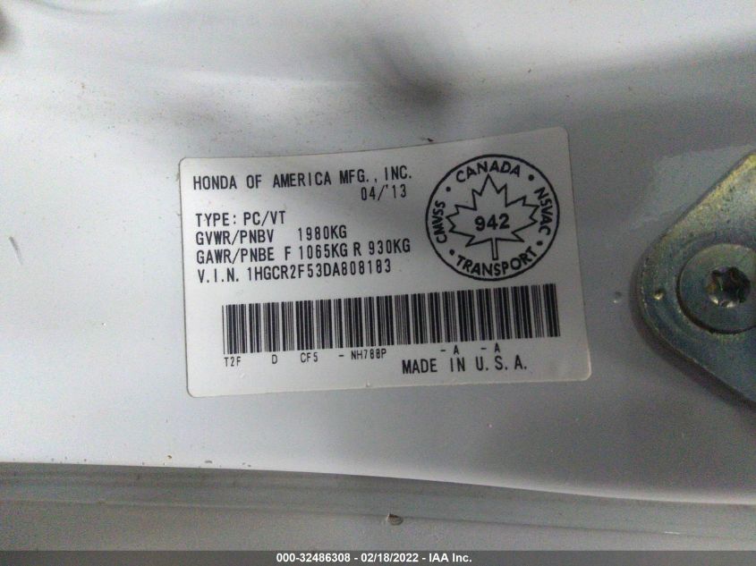 2013 HONDA ACCORD SDN SPORT 1HGCR2F53DA808183