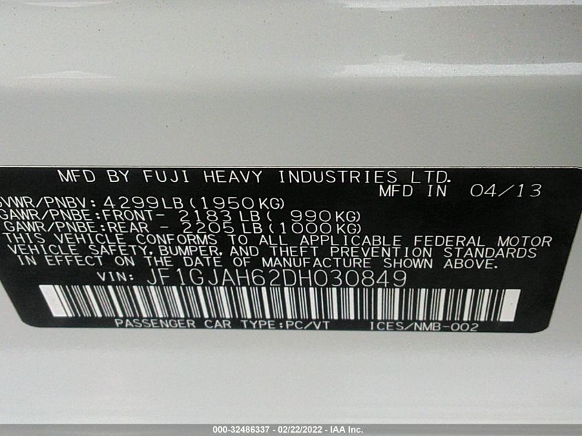 2013 SUBARU IMPREZA SEDAN LIMITED JF1GJAH62DH030849