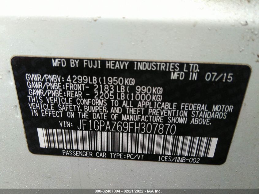 2015 SUBARU IMPREZA WAGON 2.0I SPORT LIMITED JF1GPAZ69FH307870