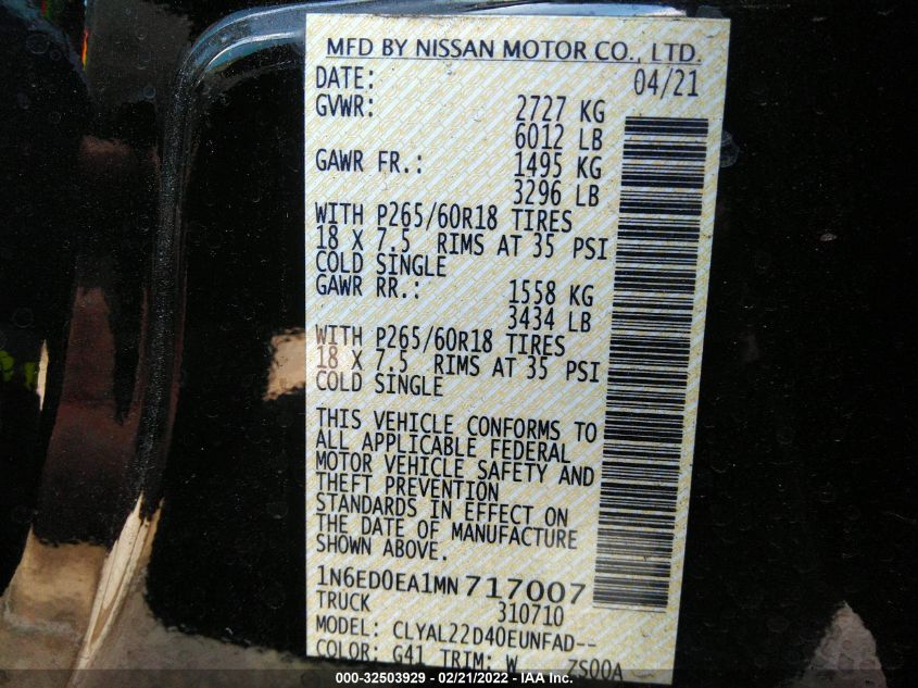 2021 NISSAN FRONTIER SV 1N6ED0EA1MN717007