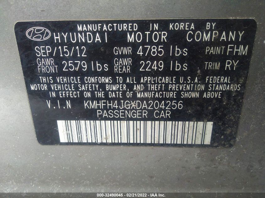 2013 HYUNDAI AZERA KMHFH4JGXDA204256