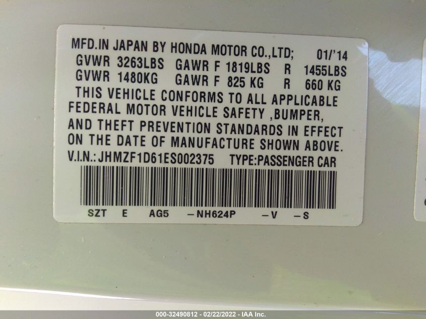 2014 HONDA CR-Z EX JHMZF1D61ES002375