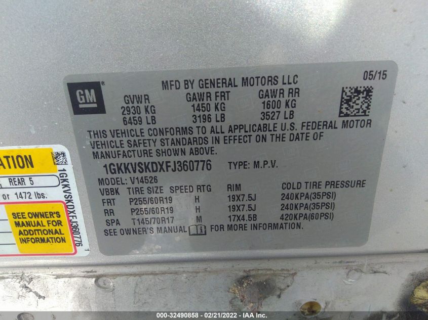 2015 GMC ACADIA SLT 1GKKVSKDXFJ360776