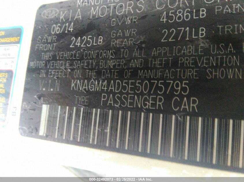 2014 KIA OPTIMA HYBRID LX KNAGM4AD5E5075795