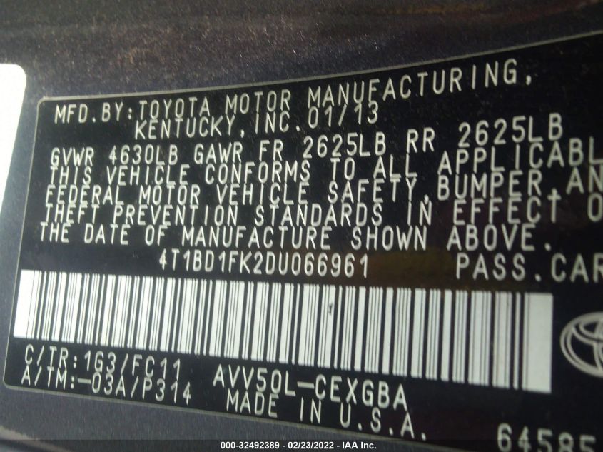2013 TOYOTA CAMRY HYBRID LE/XLE 4T1BD1FK2DU066961