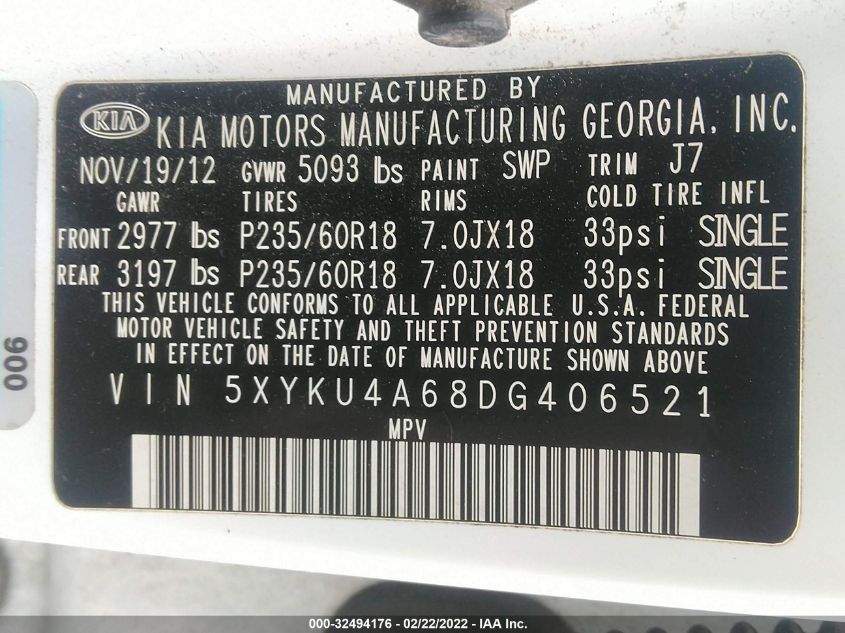 2013 KIA SORENTO EX 5XYKU4A68DG406521