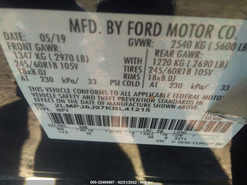 2019 LINCOLN NAUTILUS STANDARD 2LMPJ6J97KBL41215