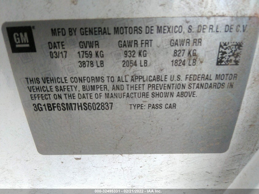 VIN 3G1BF6SM7HS602837 2017 CHEVROLET CRUZE PREMIER