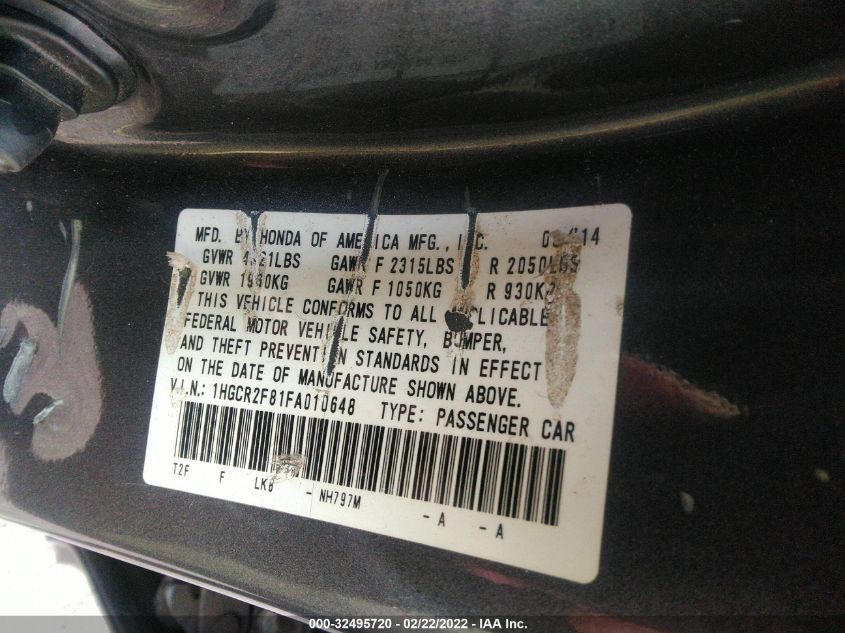 2015 HONDA ACCORD SEDAN EX-L 1HGCR2F81FA010648