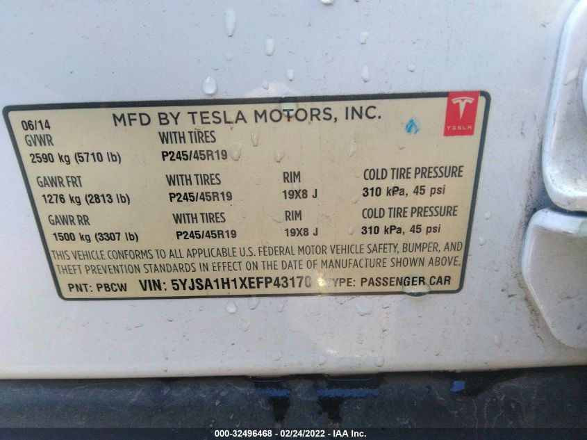2014 TESLA MODEL S 60 KWH BATTERY/P85 5YJSA1H1XEFP43170