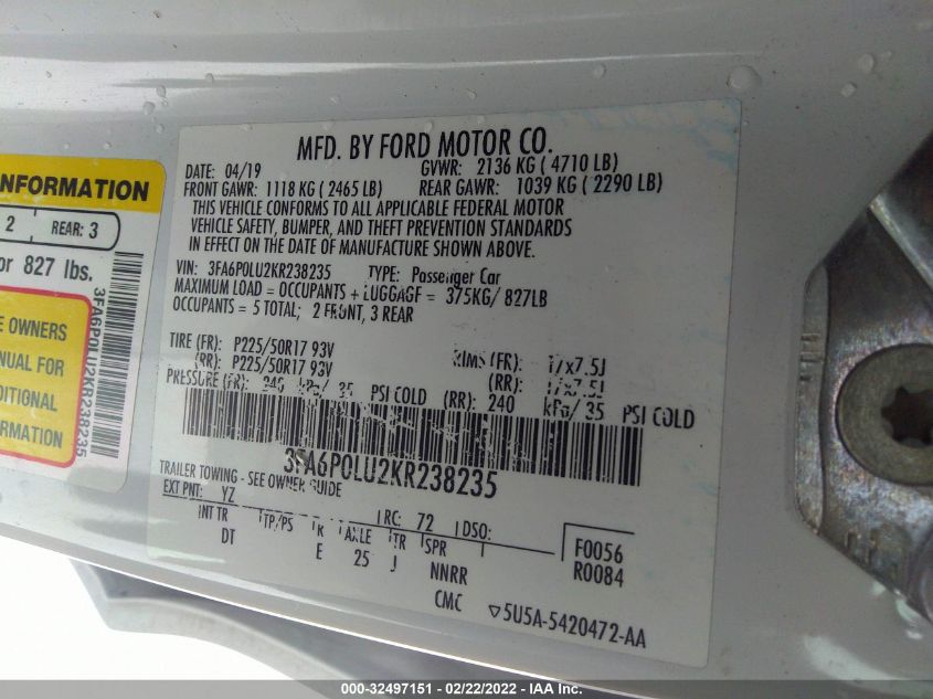 2019 FORD FUSION HYBRID SE 3FA6P0LU2KR238235