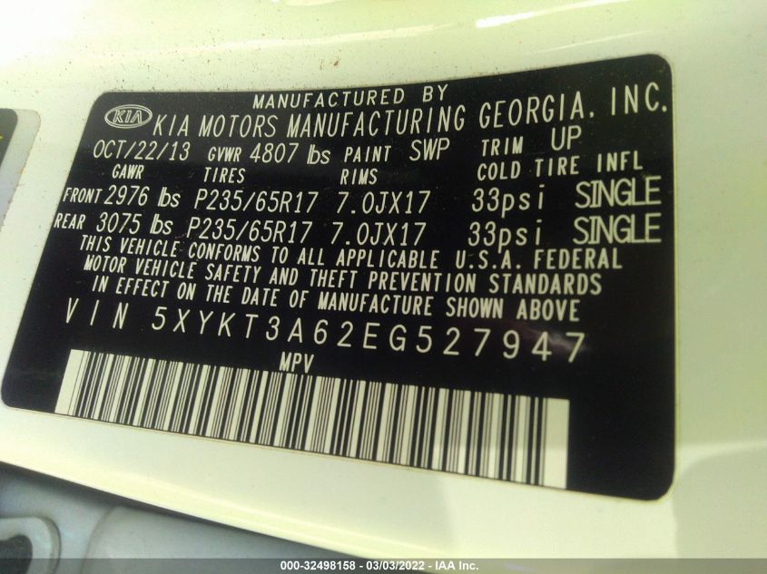 2014 KIA SORENTO LX 5XYKT3A62EG527947