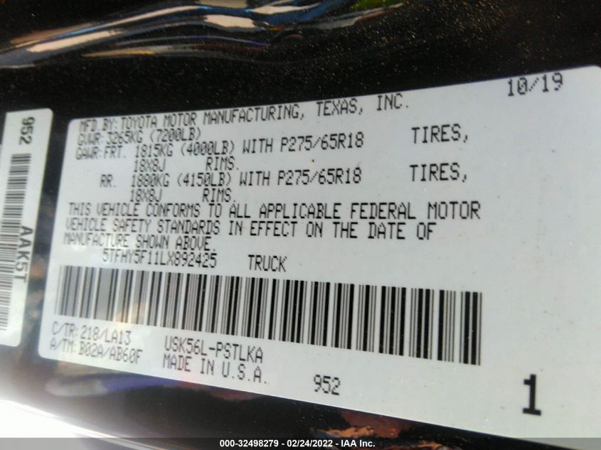 2020 TOYOTA TUNDRA 4WD LIMITED 5TFHY5F11LX892425
