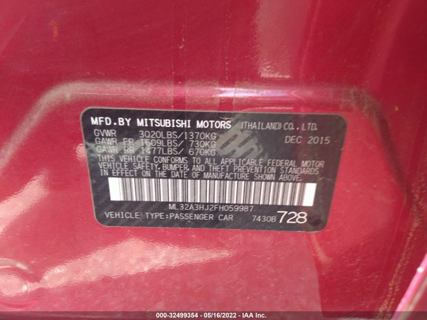 2015 MITSUBISHI MIRAGE DE/RF ML32A3HJ2FH059987