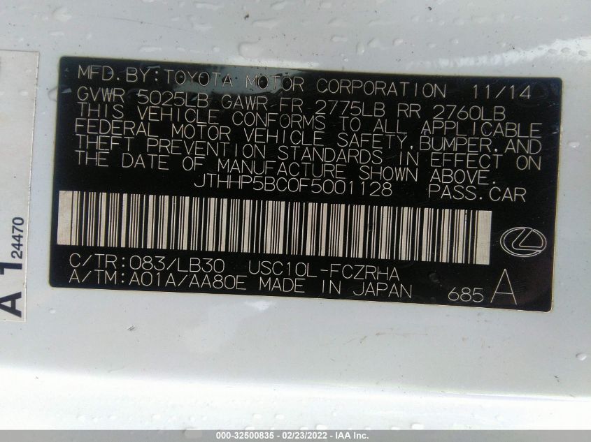 2015 LEXUS RC F JTHHP5BC0F5001128