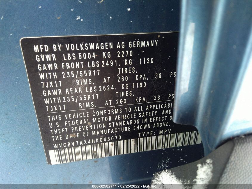 2017 VOLKSWAGEN TIGUAN WVGBV7AX4HK046070