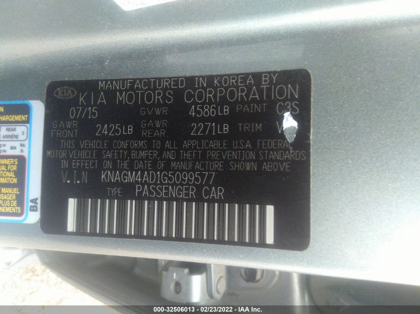 2016 KIA OPTIMA HYBRID KNAGM4AD1G5099577