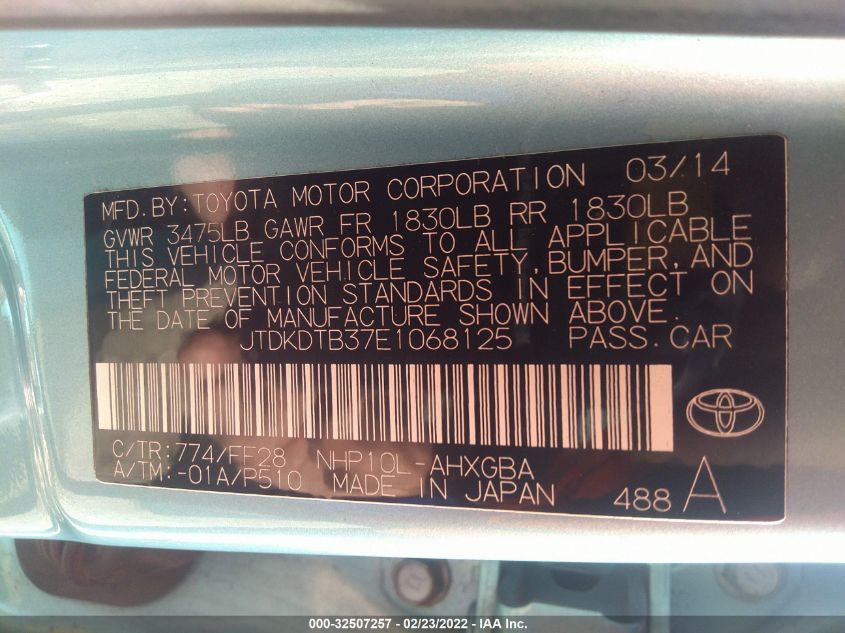 2014 TOYOTA PRIUS C ONE/THREE/TWO/FOUR JTDKDTB37E1068125