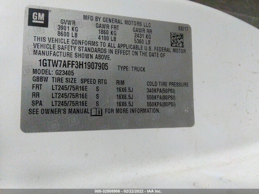 2017 GMC SAVANA CARGO VAN 1GTW7AFF3H1907905