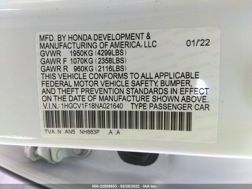 2022 HONDA ACCORD SEDAN LX 1HGCV1F18NA021640