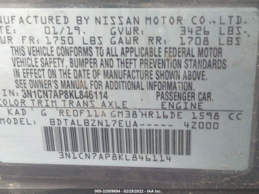 2019 NISSAN VERSA SEDAN SV 3N1CN7AP8KL846114