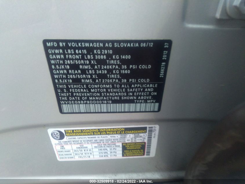 2013 VOLKSWAGEN TOUAREG WVGEG9BP9DD001819