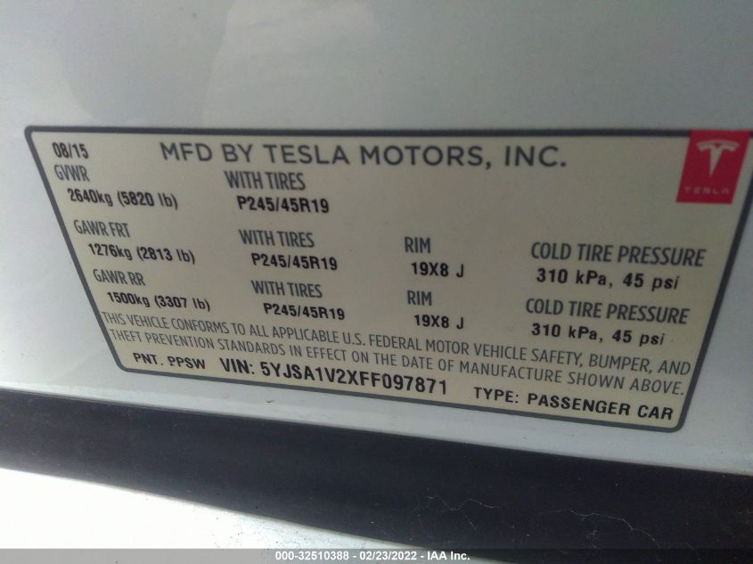 2015 TESLA MODEL S 85D/70D/90D/P90D 5YJSA1V2XFF097871