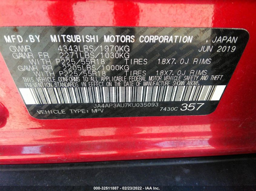 2019 MITSUBISHI OUTLANDER SPORT 2.0 JA4AP3AU7KU035093