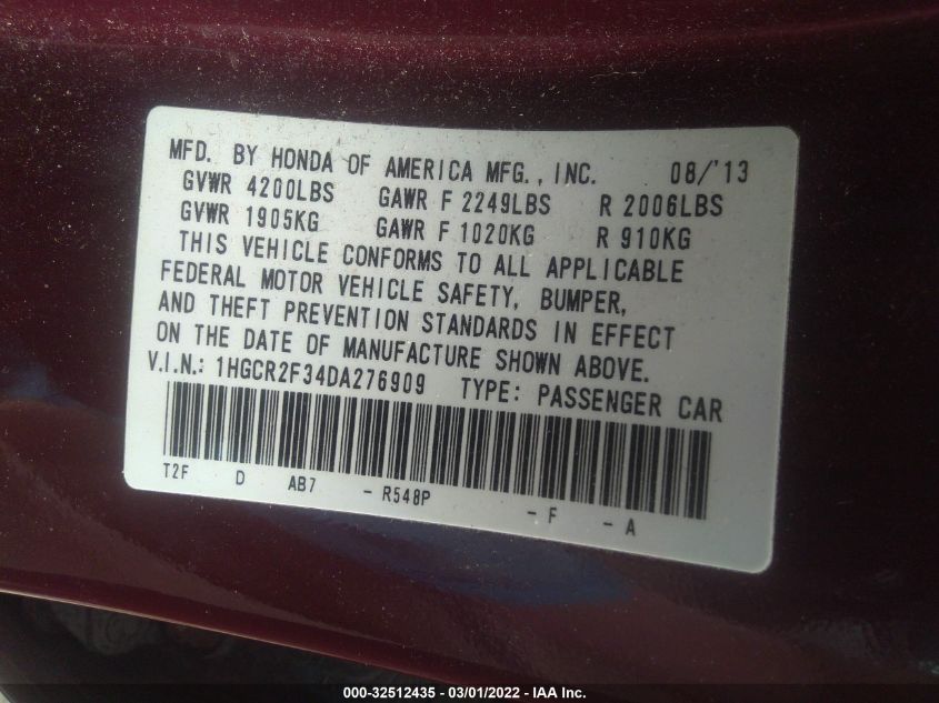 2013 HONDA ACCORD SDN LX 1HGCR2F34DA276909