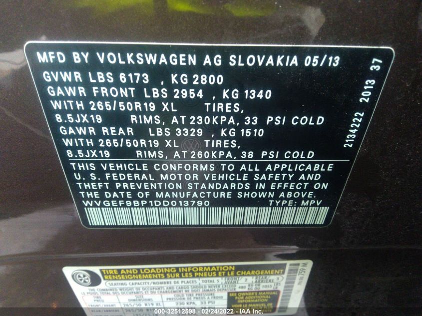 2013 VOLKSWAGEN TOUAREG LUX WVGEF9BP1DD013790