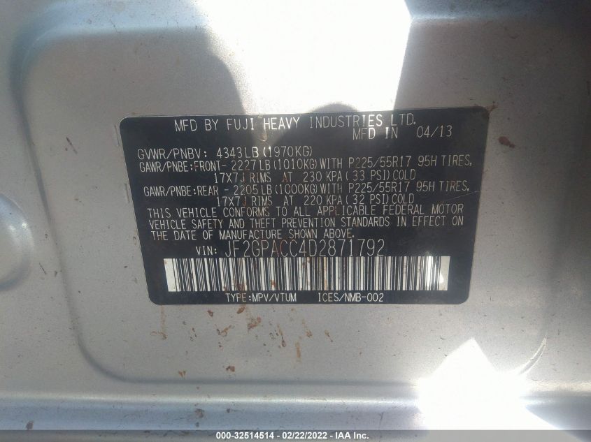 2013 SUBARU XV CROSSTREK PREMIUM JF2GPACC4D2871792