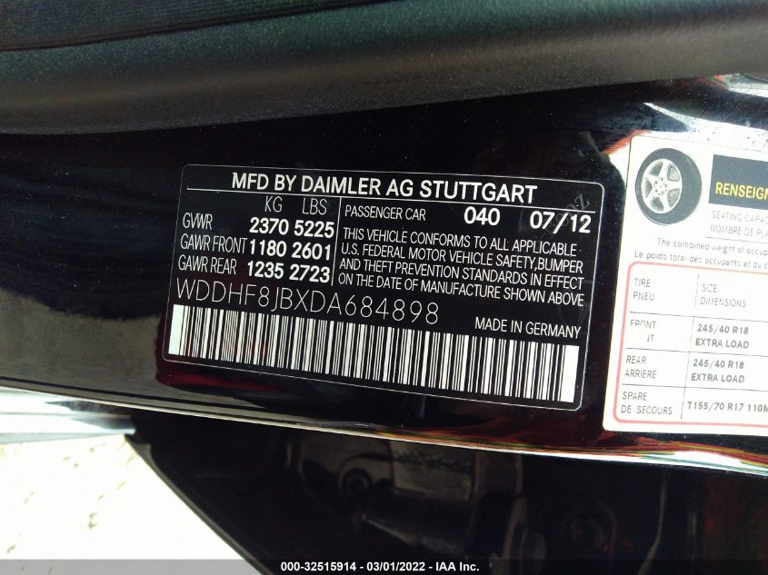 2013 MERCEDES-BENZ E-CLASS E 350 WDDHF8JBXDA684898