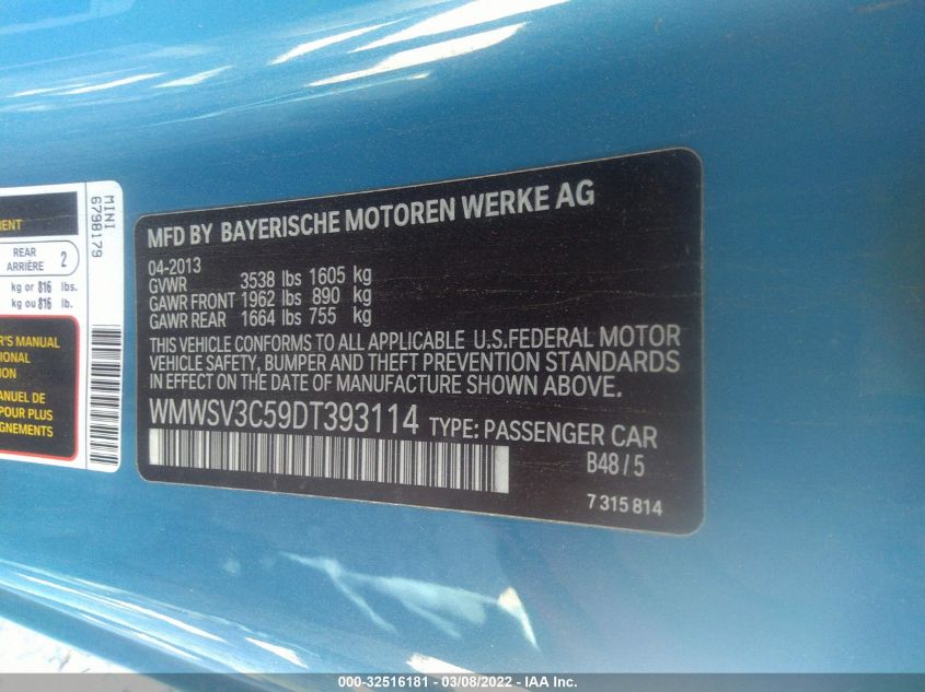 2013 MINI COOPER HARDTOP S WMWSV3C59DT393114
