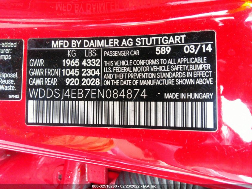 2014 MERCEDES-BENZ CLA-CLASS CLA 250 WDDSJ4EB7EN084874