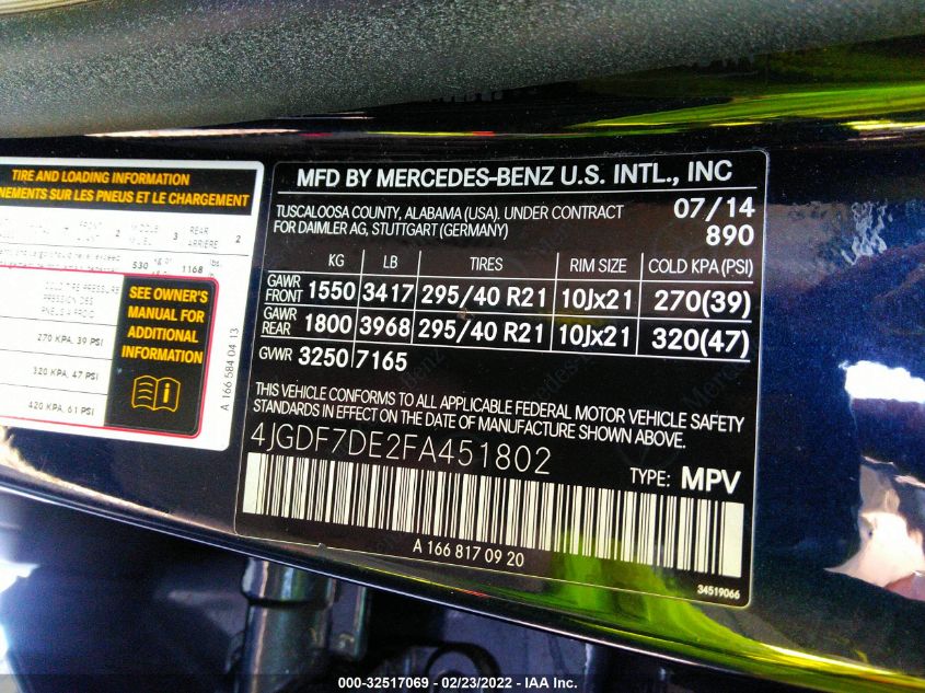 2015 MERCEDES-BENZ GL-CLASS GL 550 4JGDF7DE2FA451802