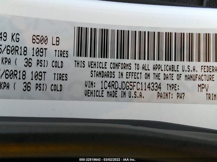 2015 DODGE DURANGO LIMITED 1C4RDJDG5FC114334