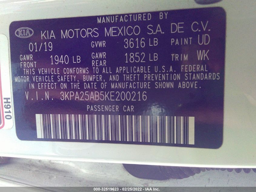 2019 KIA RIO 5-DOOR S 3KPA25AB5KE200216