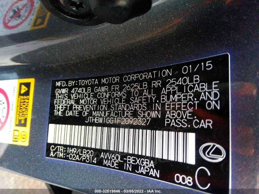 2015 LEXUS ES 300H HYBRID JTHBW1GG1F2092327