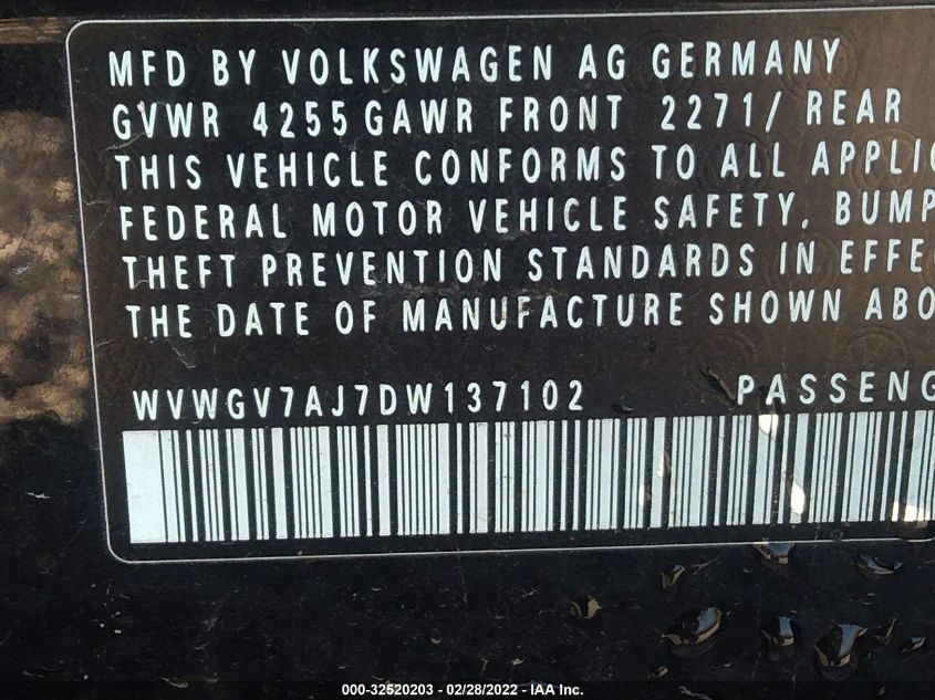 2013 VOLKSWAGEN GTI WOLFSBURG WVWGV7AJ7DW137102