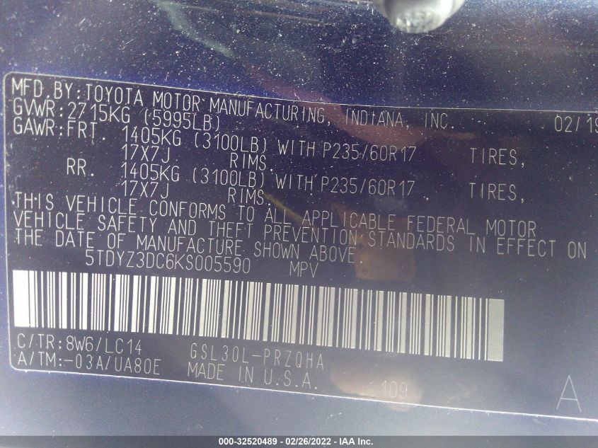 2019 TOYOTA SIENNA XLE AUTO ACCESS 5TDYZ3DC6KS005590
