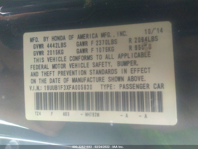2015 ACURA TLX 19UUB1F3XFA005830