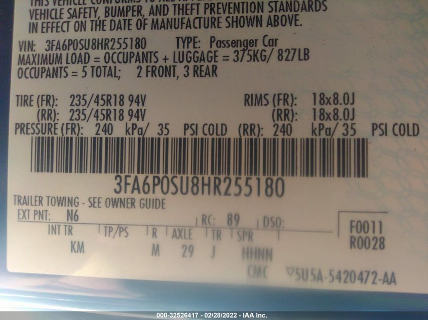 2017 FORD FUSION ENERGI TITANIUM 3FA6P0SU8HR255180