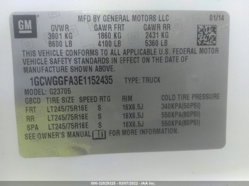 2014 CHEVROLET EXPRESS CARGO VAN 1GCWGGFA3E1152435