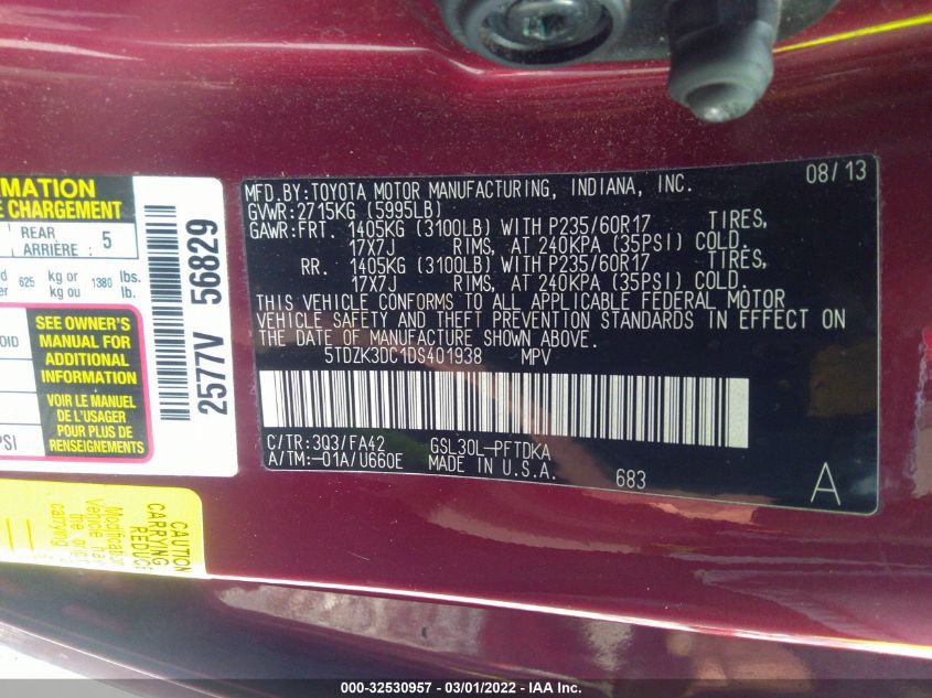 2013 TOYOTA SIENNA L 5TDZK3DC1DS401938