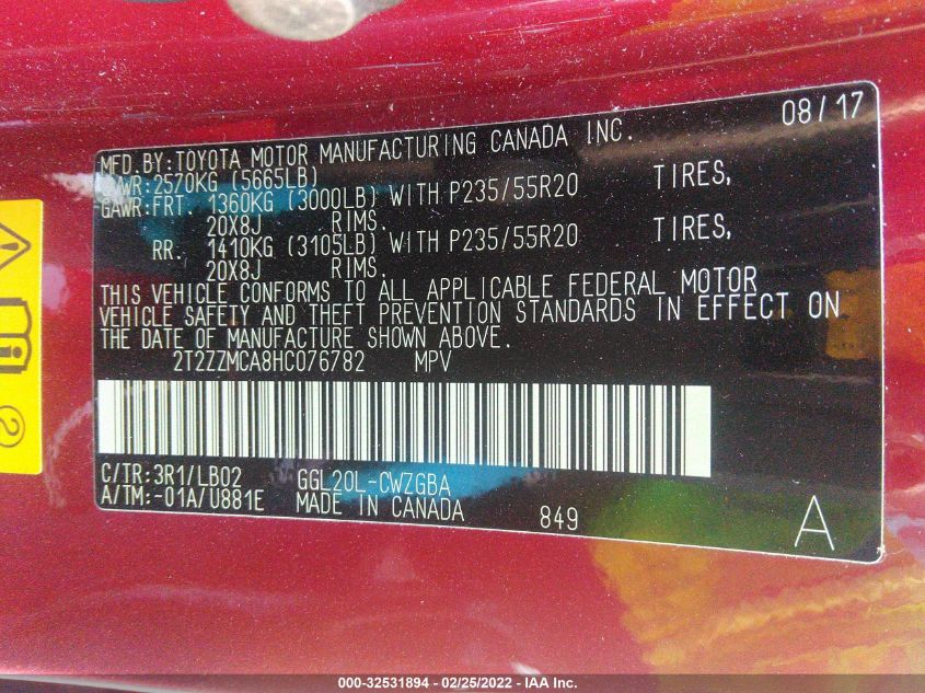 2017 LEXUS RX RX 350 2T2ZZMCA8HC076782