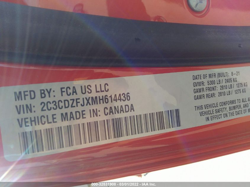 2021 DODGE CHALLENGER R/T SCAT PACK WIDEBODY 2C3CDZFJXMH614436