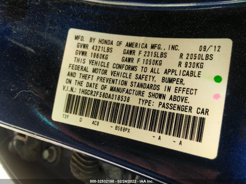 2013 HONDA ACCORD SDN SPORT 1HGCR2F58DA018538